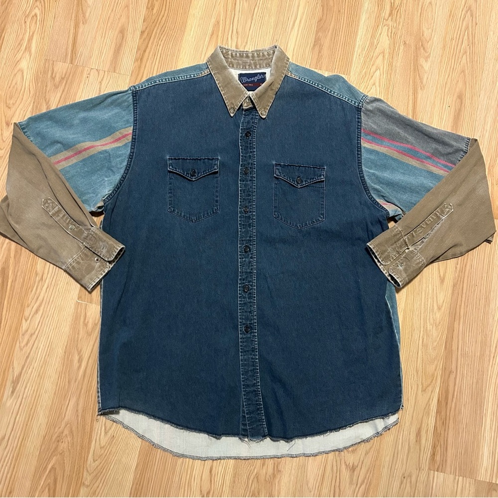Vintage Wrangler Men’s 18-36 Brushpopper Long Sleeve Patchwork Shirt Long Tail